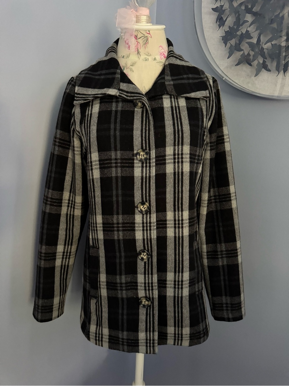 Oakley Black & Gray Plaid Pea Coat